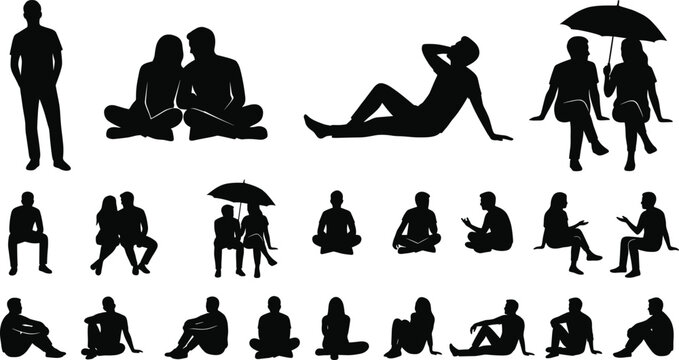 Set of black silhouettes featuring people and couples in various resting, sitting, and relaxing poses with umbrellas