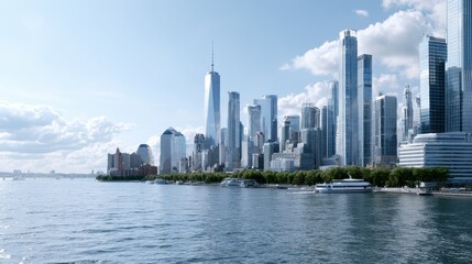 Obraz premium Modern waterfront skyline with contemporary skyscrapers, urban development, cityscape, architecture, business district.