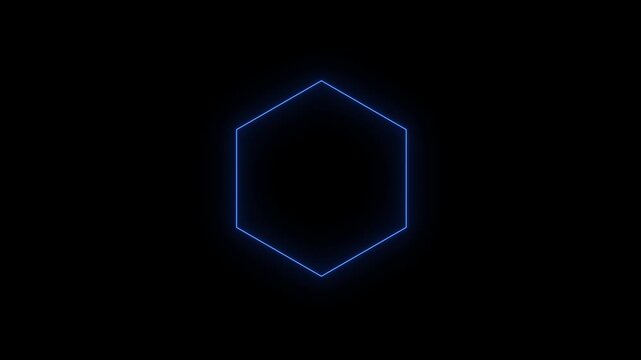 Blue glowing neon hexagon geometric shape spinning in infinite dark motion loop.