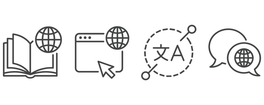 global communication and language translation outline icons set.