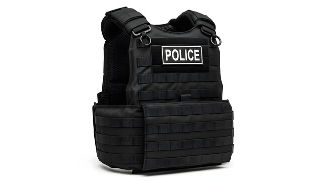 Tactical black police ballistic vest with molle webbing and patch.
