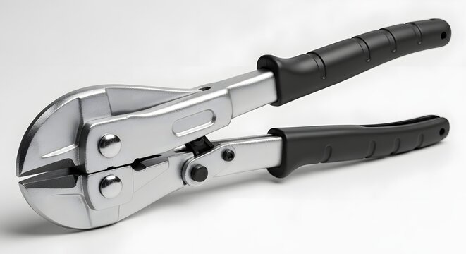 Heavy duty bolt cutter tool with silver jaws and black rubberized handles.