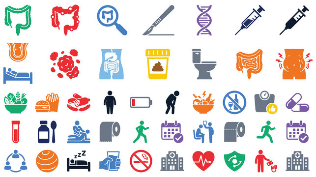Gastrointestinal health and digestive system flat medical icons set.