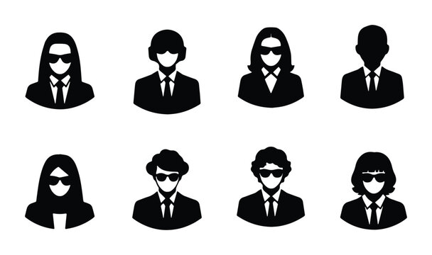 Secret Agent Icons, Spy Silhouettes, Covert Operative Avatars, Business Security Vector Set
