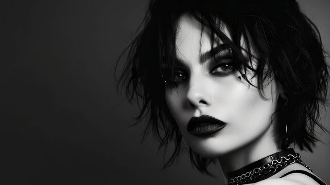 Monochrome portrait of woman with dark makeup and spiked choker