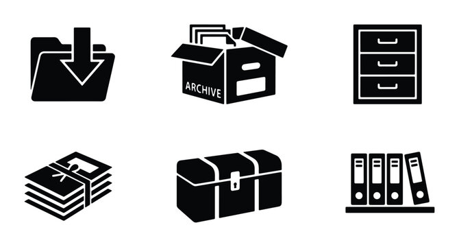 Archive and Storage Icons: Document Folder, Archive Box, Filing Cabinet, Stacked Papers, Storage Chest, Binders