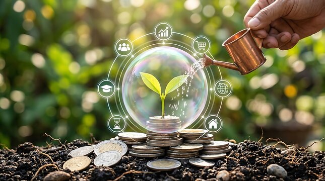 Concept of sustainable financial growth with small plant growing inside a glass bubble on top of coin stack being watered by human hand