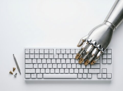 Metallic robotic hand typing on white computer keyboard industrial operations