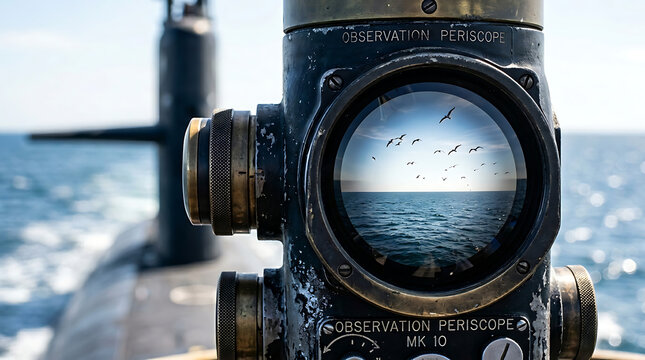Submarine Periscope Observation Lens Reflecting the Sea Sky and Flying Birds