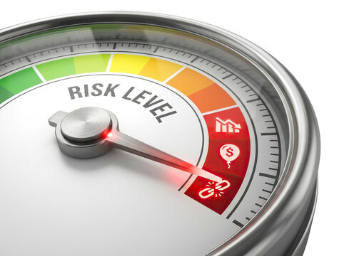 High financial risk level concept with gauge meter pointing to red zone showing hidden danger and potential economic loss in business and investment decisions