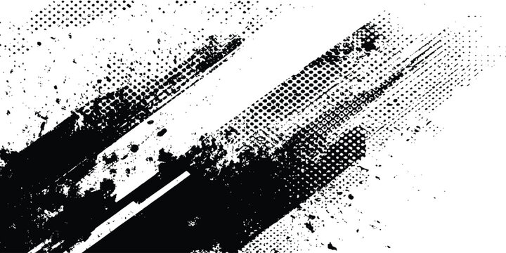 Grunge black texture with halftone dots and ink splatter vector illustration.