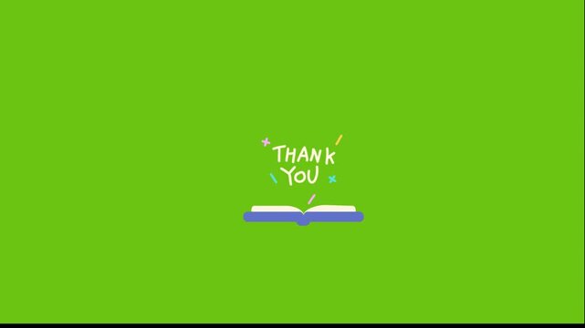 Animated thank you message. Colorful flat design icon with opening book and checkmark on green background. Simple motion graphics.