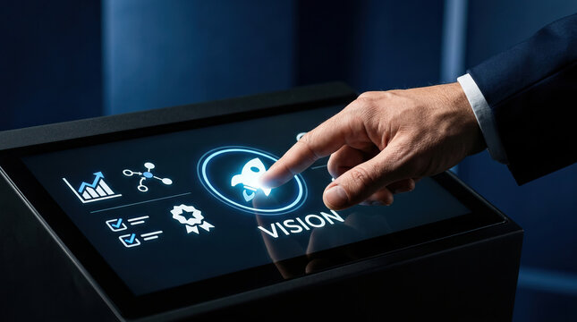 Businessman hand touchscreen rocket vision technology startup launch innovation strategy activating digital icon on futuristic interface