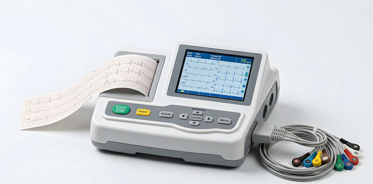 Digital electrocardiograph ecg machine with printed heart rate graph white isolated