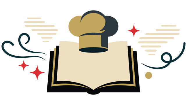 Chef hat resting on open recipe book with decorative scrolls and sparkles.