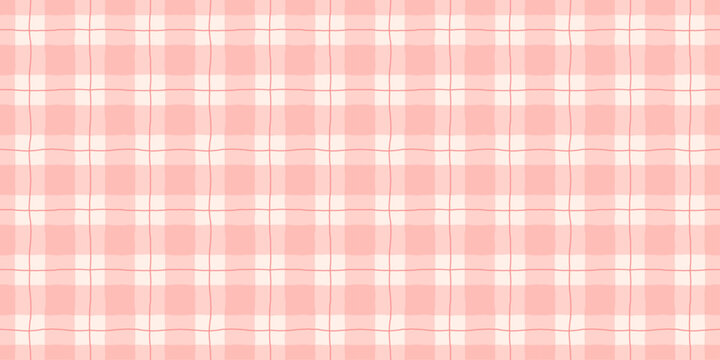 Gingham seamless pattern. Hand drawn pink checkered background. Cute print for tablecloth textile, picnic blanket and napkin. Soft vichy check pattern. Vector illustration