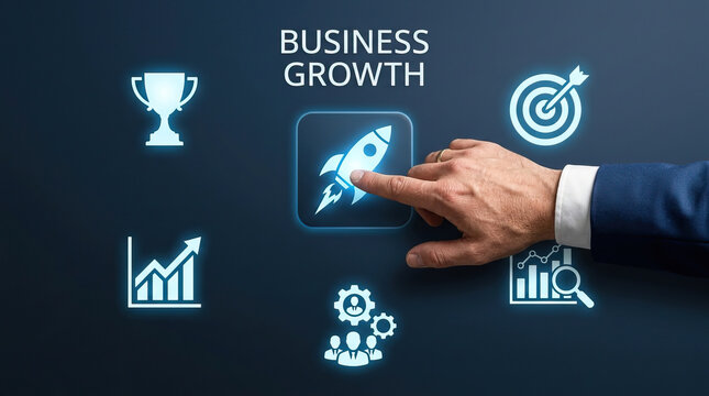 Business growth rocket businessman button hand launch strategy success target chart concept with glowing interface icon and suit sleeve