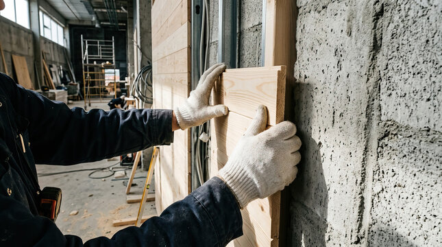 Wood worker hand glove wall construction fitting panel carpentry interior wood worker hand glove fitting panel rough wall inside unfinished building, construction craft scene with timber board