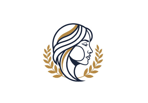 Abstract stylized female profile with dark blue and gold organic leaf 