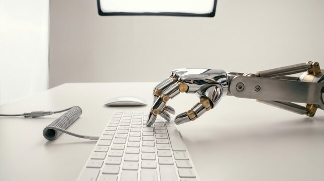 Metallic robotic hand typing on white keyboard system engineering