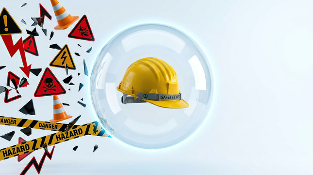 Safety helmet in protective bubble surrounded by hazard signs and cones symbolizing hso safety and management in secure work environment