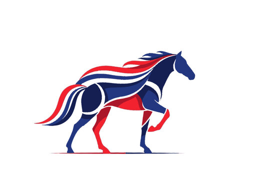 Dynamic abstract horse design featuring flowing red white and blue fla