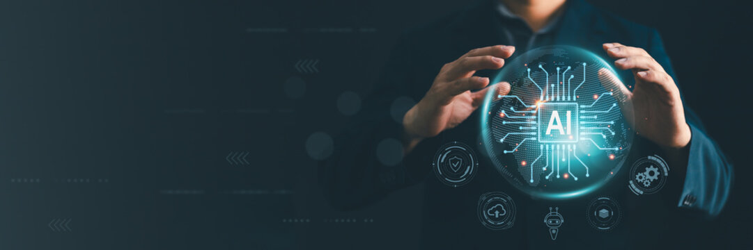 Businessman holding glowing AI processor chip within digital globe for artificial intelligence, machine learning, and futuristic technology cloud computing concepts on wide dark blue banner background