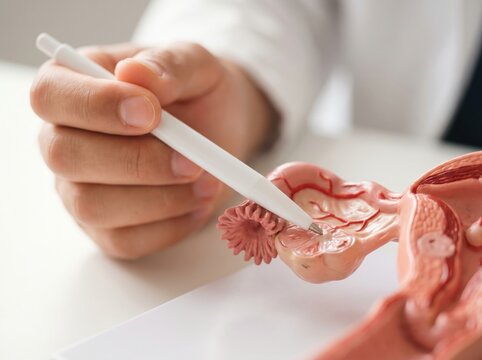 Doctor pointing at female reproductive system model gynecological consultation