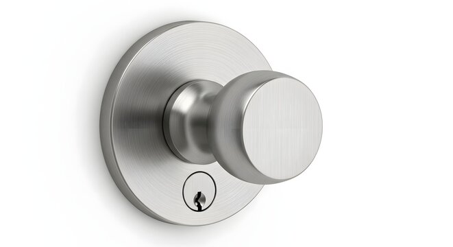 Brushed metal door knob with circular deadbolt lock on white surface.