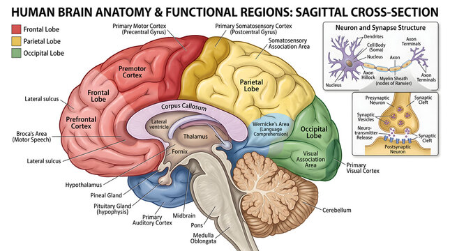 Human brain anatomy illustration shows detailed sagittal cross-section with labeled functional regions and structures