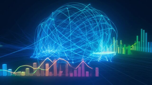 Abstract digital visualization of global network connections with charts and graphs