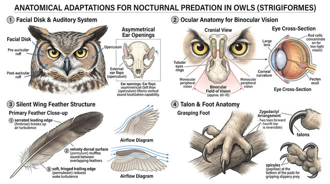 Owls' nocturnal predation adaptations showcase their unique facial disk, ocular anatomy, wing feather structure, and talon anatomy.