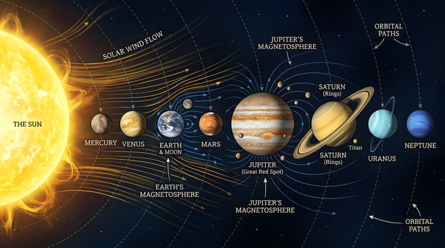 The solar system displays planets orbiting the sun in space.