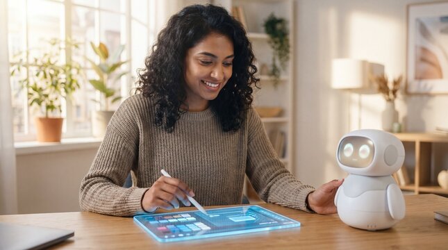 Young woman using digital tablet device with small smart personal assistant robot on wooden desk technology artificial intelligence