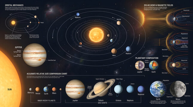 Solar system planets and celestial bodies orbiting around the Sun in space