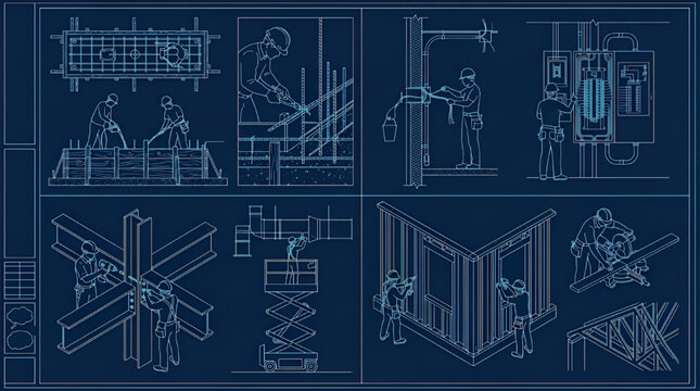 Construction Worker CAD Collection with Builders Assemblers Electricians and Carpenters Technical Blueprint Vector Drawing Set