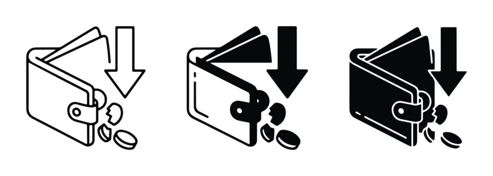 Wallet with falling coins icon set, representing financial loss, budget cuts, and expense reduction. Vector graphics.