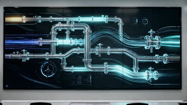 Medium shot of a digital twin monitoring wall with large displays illustrating realtime 3D models of a fertilizer plant in normal operational status. Medium shot of a digital twin