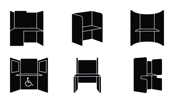 Trade Show Booth Displays, Exhibition Stands, Event Booths, Presentation Stands, Vector Icons Set