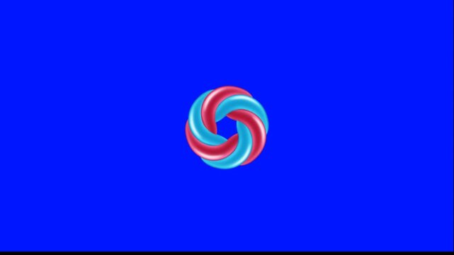 Animated 3D spiral icons. Rotating red and blue swirl graphics on blue background. Seamless loop motion graphics for tech and design projects.