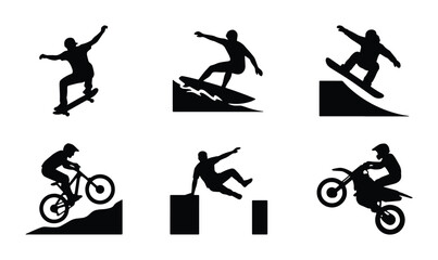 Extreme Sports Silhouettes: Skateboard, Surfboard, Snowboard, BMX, Parkour, Motocross Action Icons © Mamunur
