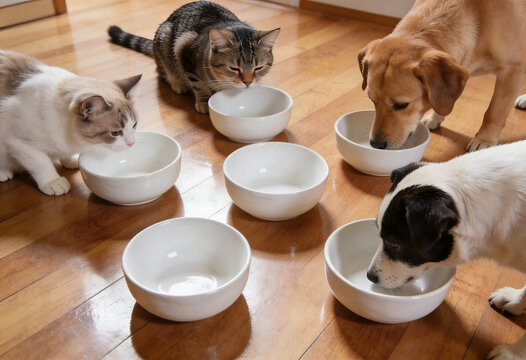 Multiple dogs and cats looking at empty bowls on wooden floor in domestic space.