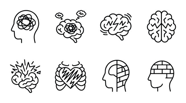 Brain Icons Set: Mental Health, Psychology, Cognitive Function, and Emotional States Vector Graphics