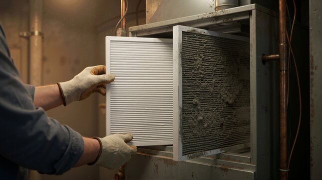 Technician replacing a dirty air filter with a clean one in an HVAC system. Home maintenance and indoor air quality concept. Worker hands in gloves