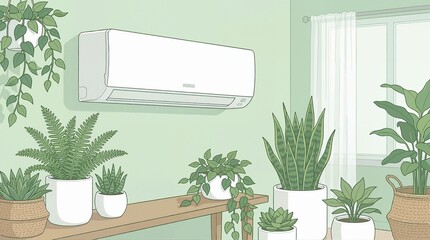 Fototapeta premium Wall mounted air conditioner in a green room filled with houseplants. Fresh air and comfortable home climate control concept. Botanical interior illustration