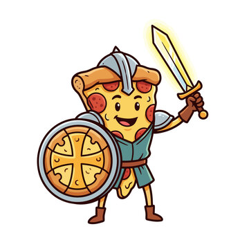 A cartoon pizza character holds sword and shield heroically outside.