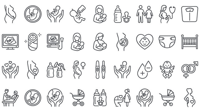 Pregnancy and maternity outline icon collection for prenatal health.