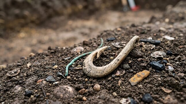 Ancient carved bone fish hook artifact on dirt. Archaeological excavation discovery with shell fragments and soil. Prehistoric fishing tool