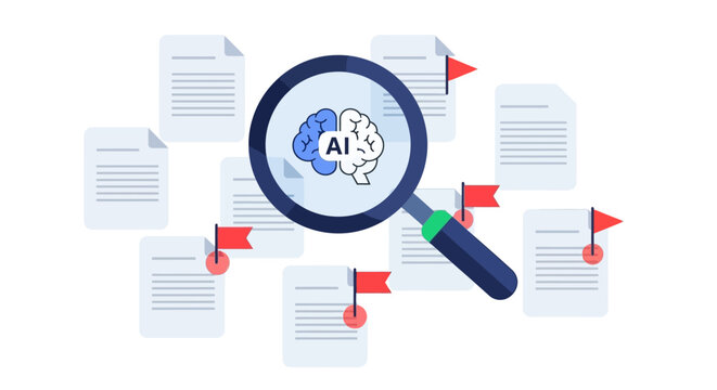 AI Document Analysis and Data Auditing Illustration with Magnifying Glass Scanning Information