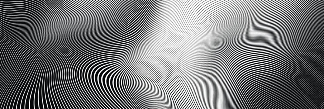 Vector abstract lines gradient pattern distorted wavy background. Halftone parallel stripes optical illusion texture.